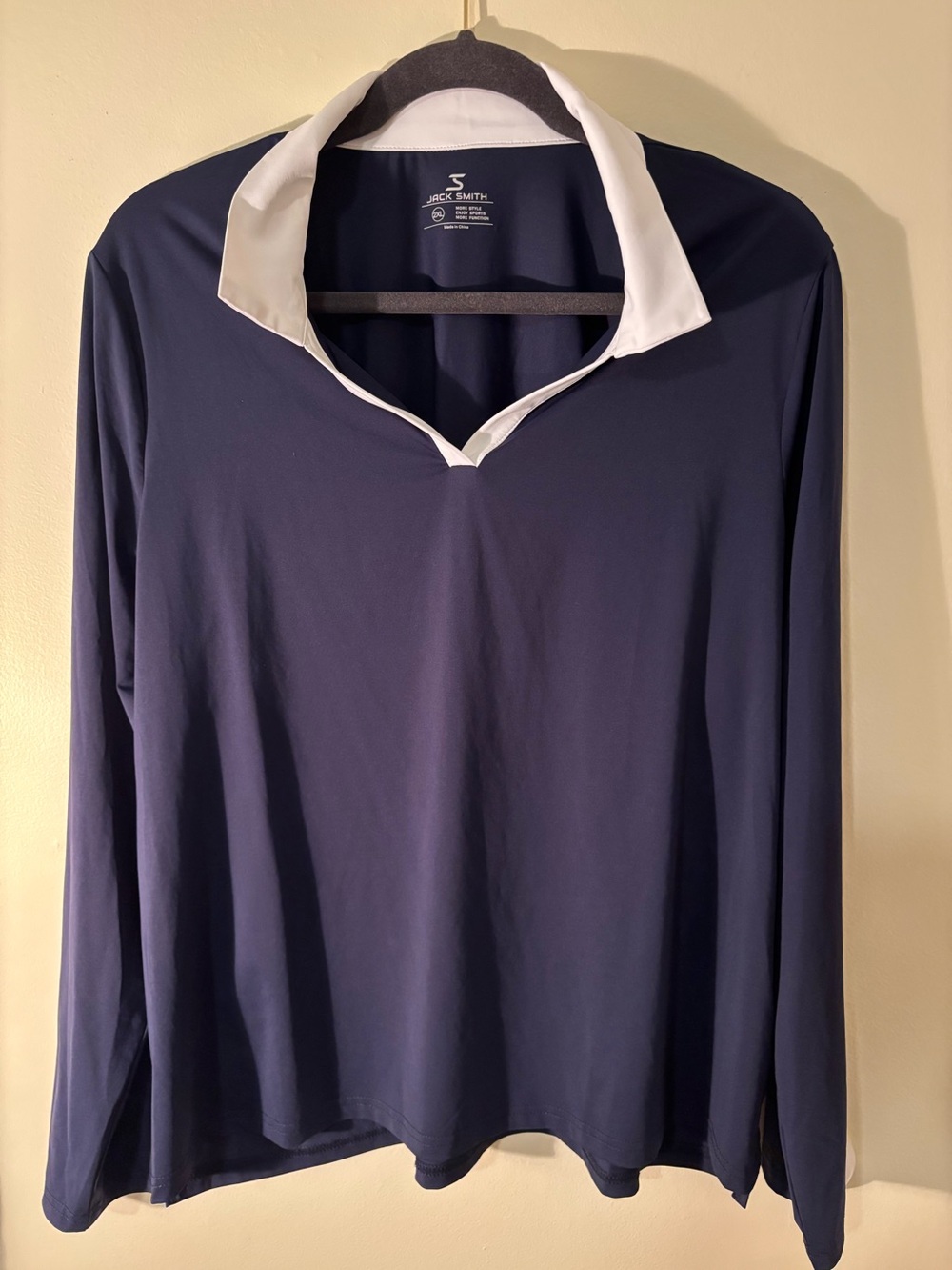 Navy Long-Sleeve Polo Top with White Collar
